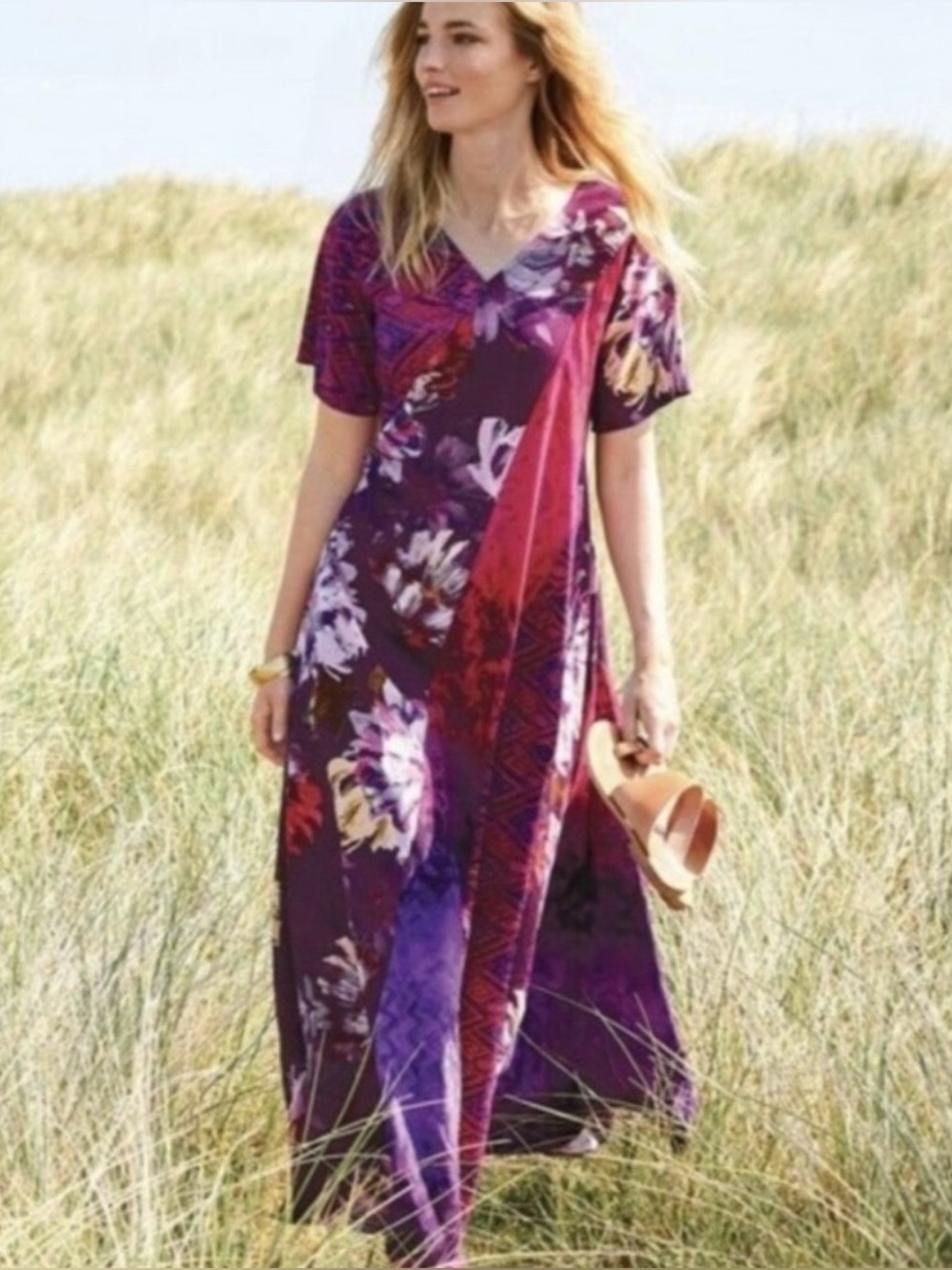 Soft Surroundings Raspberry‎ Rosaria Floral Patchwork Maxi Dress Sz Large Petite
